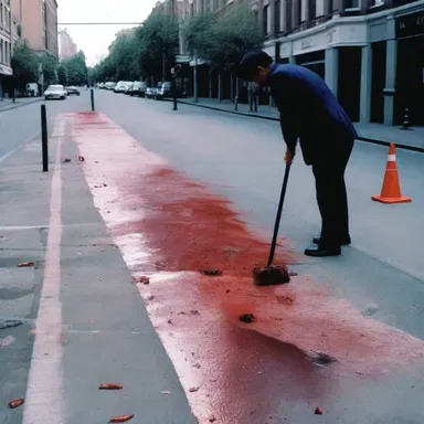 In the horror film, the sweeper discovered a trail of blood on the street that led to a gruesome crime scene.