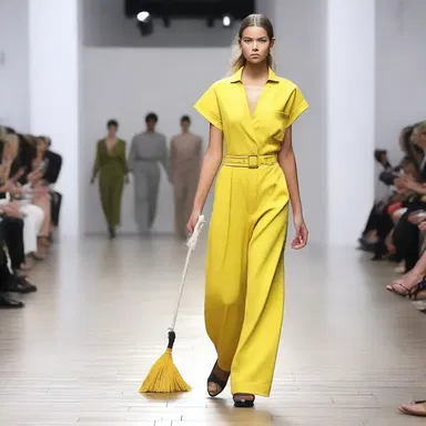 The fashionable sweeper wore a trendy jumpsuit while cleaning the catwalk after a fashion show.