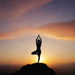 A silhouette of a person practicing yoga atop a rugged mountain peak, backlit by a vibrant sunrise.