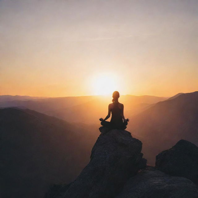 A silhouette of a person practicing yoga atop a rugged mountain peak, backlit by a vibrant sunrise.