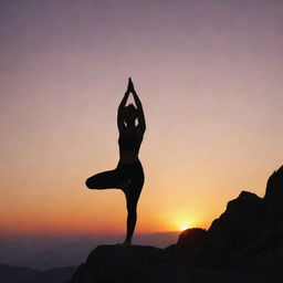 A silhouette of a person practicing yoga atop a rugged mountain peak, backlit by a vibrant sunrise.