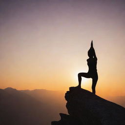 A silhouette of a person practicing yoga atop a rugged mountain peak, backlit by a vibrant sunrise.