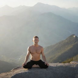 A man practicing yoga atop a mountain peak, face visible, framed by early morning sunlight.