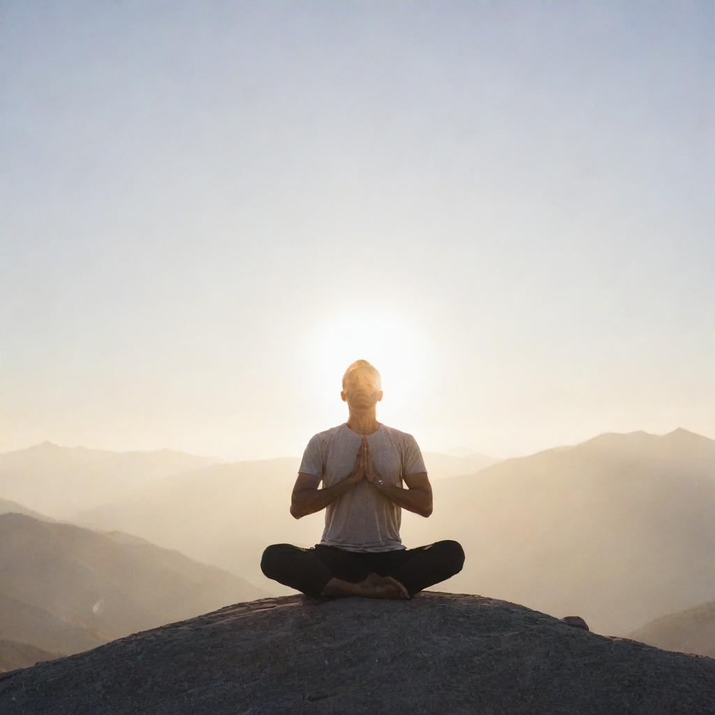 A man practicing yoga atop a mountain peak, face visible, framed by early morning sunlight.