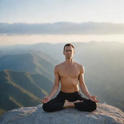 A man practicing yoga atop a mountain peak, face visible, framed by early morning sunlight.