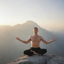 A man practicing yoga atop a mountain peak, face visible, framed by early morning sunlight.