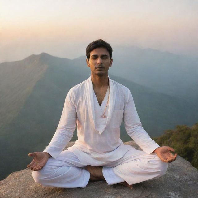 A man wearing traditional Indian attire practising yoga on a mountain peak at sunrise, with his face visibly serene and calm.