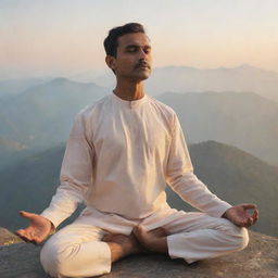 A man wearing traditional Indian attire practising yoga on a mountain peak at sunrise, with his face visibly serene and calm.