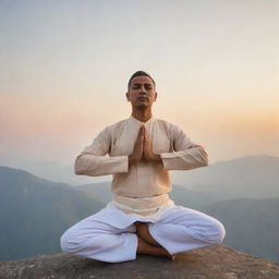 A man wearing traditional Indian attire practising yoga on a mountain peak at sunrise, with his face visibly serene and calm.