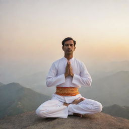 A man wearing traditional Indian attire practising yoga on a mountain peak at sunrise, with his face visibly serene and calm.