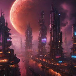 An artistic representation of a Cyberpunk city on Venus, adapting to the planet's extreme atmospheric conditions, showcasing futuristic, neon-lit structures surrounded by intense heat and sulfuric clouds.