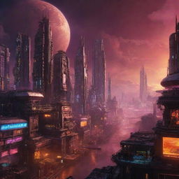 An artistic representation of a Cyberpunk city on Venus, adapting to the planet's extreme atmospheric conditions, showcasing futuristic, neon-lit structures surrounded by intense heat and sulfuric clouds.