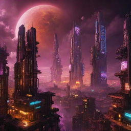 An artistic representation of a Cyberpunk city on Venus, adapting to the planet's extreme atmospheric conditions, showcasing futuristic, neon-lit structures surrounded by intense heat and sulfuric clouds.