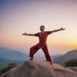 A man in traditional Indian attire, losing balance while practicing yoga on a mountaintop, against the backdrop of a vibrant sunrise.