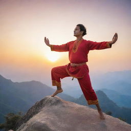 A man in traditional Indian attire, losing balance while practicing yoga on a mountaintop, against the backdrop of a vibrant sunrise.