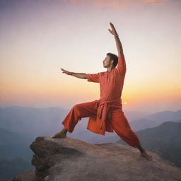 A man in traditional Indian attire, losing balance while practicing yoga on a mountaintop, against the backdrop of a vibrant sunrise.