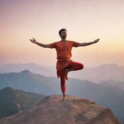 A man in traditional Indian attire, losing balance while practicing yoga on a mountaintop, against the backdrop of a vibrant sunrise.