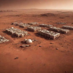 An image of a city on Mars, showcasing human-colonized structures built to survive the harsh Martian conditions, complementing the planet's reddish terrain.