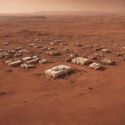 An image of a city on Mars, showcasing human-colonized structures built to survive the harsh Martian conditions, complementing the planet's reddish terrain.