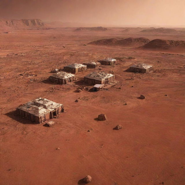 An image of a city on Mars, showcasing human-colonized structures built to survive the harsh Martian conditions, complementing the planet's reddish terrain.