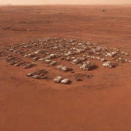 An image of a city on Mars, showcasing human-colonized structures built to survive the harsh Martian conditions, complementing the planet's reddish terrain.