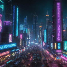 A night view of an Earth-based Cyberpunk city, where advanced technology mingles with urban decay, surrounded by towering neon-lit skyscrapers and digital billboards.