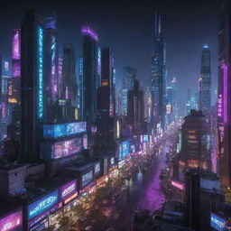 A night view of an Earth-based Cyberpunk city, where advanced technology mingles with urban decay, surrounded by towering neon-lit skyscrapers and digital billboards.