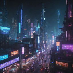 A night view of an Earth-based Cyberpunk city, where advanced technology mingles with urban decay, surrounded by towering neon-lit skyscrapers and digital billboards.