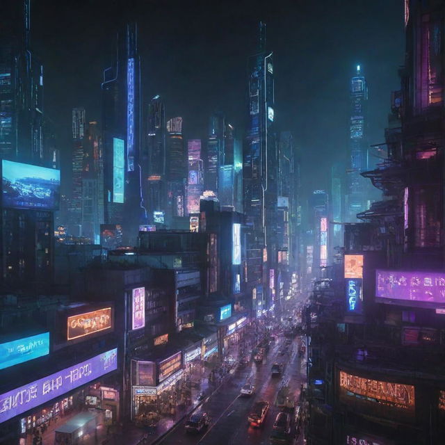 A night view of an Earth-based Cyberpunk city, where advanced technology mingles with urban decay, surrounded by towering neon-lit skyscrapers and digital billboards.