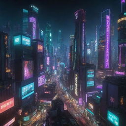 A night view of an Earth-based Cyberpunk city, where advanced technology mingles with urban decay, surrounded by towering neon-lit skyscrapers and digital billboards.