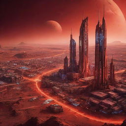 A captivating image of a Cyberpunk city on Mars, reflecting high-tech, futuristic architecture glowing with neon lights amidst the red Martian landscape.