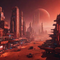 A captivating image of a Cyberpunk city on Mars, reflecting high-tech, futuristic architecture glowing with neon lights amidst the red Martian landscape.