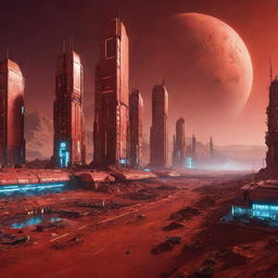 A captivating image of a Cyberpunk city on Mars, reflecting high-tech, futuristic architecture glowing with neon lights amidst the red Martian landscape.