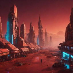 A captivating image of a Cyberpunk city on Mars, reflecting high-tech, futuristic architecture glowing with neon lights amidst the red Martian landscape.