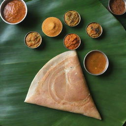 Crispy golden brown Dosa served on a banana leaf with chutneys and sambar