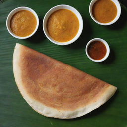 Crispy golden brown Dosa served on a banana leaf with chutneys and sambar