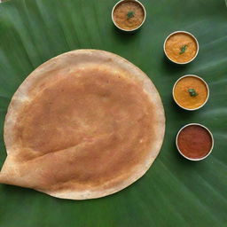 Crispy golden brown Dosa served on a banana leaf with chutneys and sambar