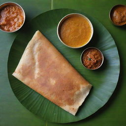 Crispy golden brown Dosa served on a banana leaf with chutneys and sambar