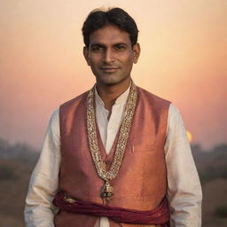 A dignified Indian man wearing traditional attire, set against the backdrop of a warm, colorful sunset in India.