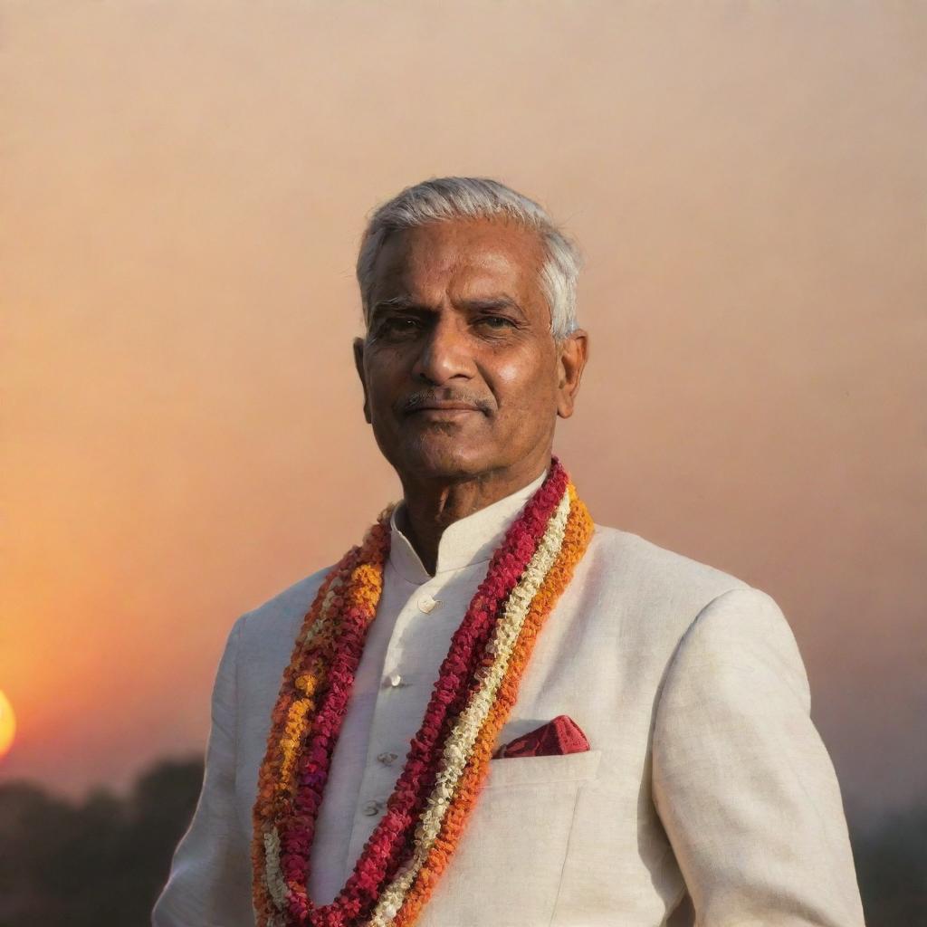 A dignified Indian man wearing traditional attire, set against the backdrop of a warm, colorful sunset in India.