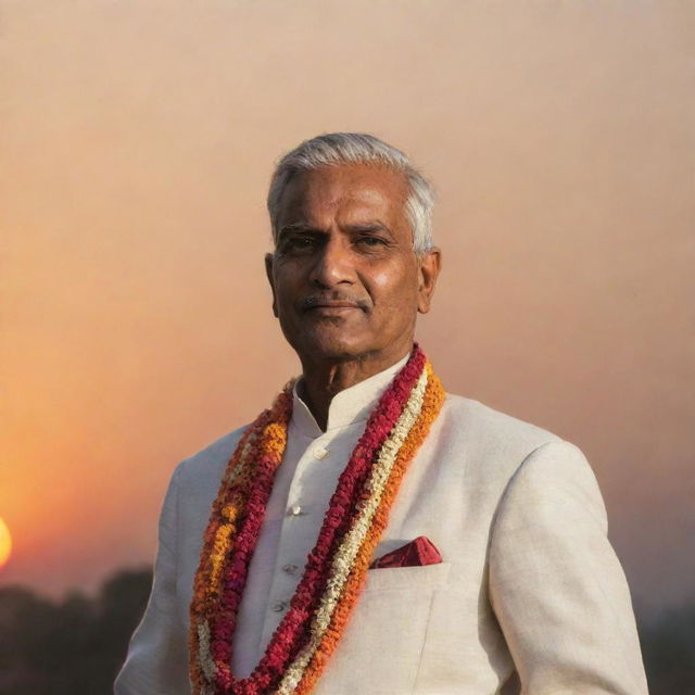 A dignified Indian man wearing traditional attire, set against the backdrop of a warm, colorful sunset in India.