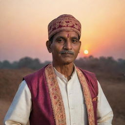 A dignified Indian man wearing traditional attire, set against the backdrop of a warm, colorful sunset in India.