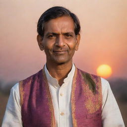 A dignified Indian man wearing traditional attire, set against the backdrop of a warm, colorful sunset in India.