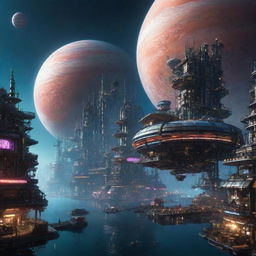 A fantastical image of a floating Cyberpunk city in Jupiter's atmosphere, displaying neon-lit, high-tech structures designed to endure the gas giant's extreme weather conditions.