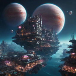 A fantastical image of a floating Cyberpunk city in Jupiter's atmosphere, displaying neon-lit, high-tech structures designed to endure the gas giant's extreme weather conditions.