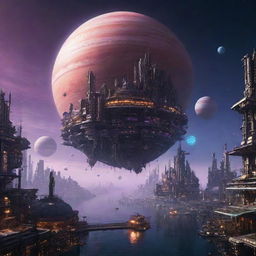 A fantastical image of a floating Cyberpunk city in Jupiter's atmosphere, displaying neon-lit, high-tech structures designed to endure the gas giant's extreme weather conditions.