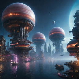 A fantastical image of a floating Cyberpunk city in Jupiter's atmosphere, displaying neon-lit, high-tech structures designed to endure the gas giant's extreme weather conditions.