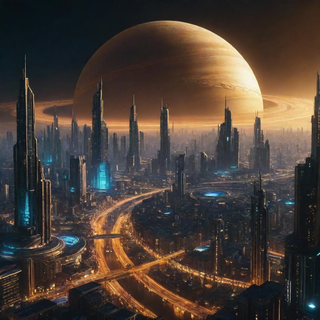 A striking and imaginative image of a Cyberpunk Saturn-based city, piercing the planet's golden-hued surroundings with neon-lit, futuristic architecture, set against the backdrop of Saturn's iconic rings.