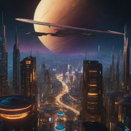 A striking and imaginative image of a Cyberpunk Saturn-based city, piercing the planet's golden-hued surroundings with neon-lit, futuristic architecture, set against the backdrop of Saturn's iconic rings.