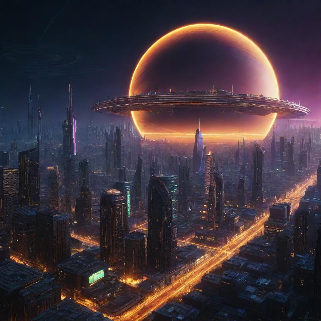 A striking and imaginative image of a Cyberpunk Saturn-based city, piercing the planet's golden-hued surroundings with neon-lit, futuristic architecture, set against the backdrop of Saturn's iconic rings.